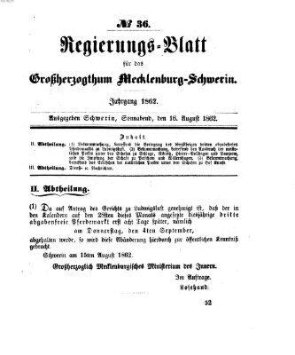 Regierungsblatt für Mecklenburg-Schwerin (Großherzoglich-Mecklenburg-Schwerinsches officielles Wochenblatt) Samstag 16. August 1862