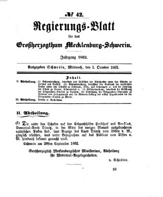 Regierungsblatt für Mecklenburg-Schwerin (Großherzoglich-Mecklenburg-Schwerinsches officielles Wochenblatt) Mittwoch 1. Oktober 1862