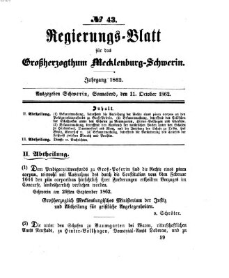 Regierungsblatt für Mecklenburg-Schwerin (Großherzoglich-Mecklenburg-Schwerinsches officielles Wochenblatt) Samstag 11. Oktober 1862