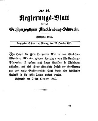 Regierungsblatt für Mecklenburg-Schwerin (Großherzoglich-Mecklenburg-Schwerinsches officielles Wochenblatt) Montag 27. Oktober 1862