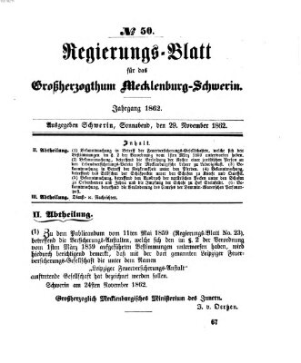 Regierungsblatt für Mecklenburg-Schwerin (Großherzoglich-Mecklenburg-Schwerinsches officielles Wochenblatt) Samstag 29. November 1862