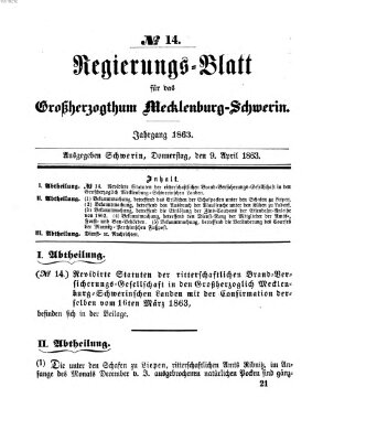 Regierungsblatt für Mecklenburg-Schwerin (Großherzoglich-Mecklenburg-Schwerinsches officielles Wochenblatt) Donnerstag 9. April 1863