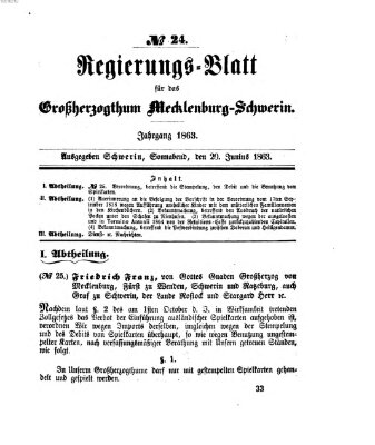 Regierungsblatt für Mecklenburg-Schwerin (Großherzoglich-Mecklenburg-Schwerinsches officielles Wochenblatt) Samstag 20. Juni 1863