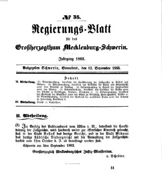 Regierungsblatt für Mecklenburg-Schwerin (Großherzoglich-Mecklenburg-Schwerinsches officielles Wochenblatt) Samstag 12. September 1863