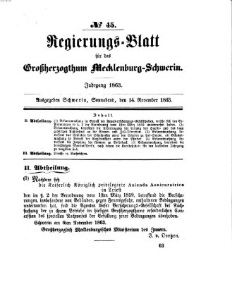 Regierungsblatt für Mecklenburg-Schwerin (Großherzoglich-Mecklenburg-Schwerinsches officielles Wochenblatt) Samstag 14. November 1863