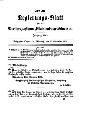 Regierungsblatt für Mecklenburg-Schwerin (Großherzoglich-Mecklenburg-Schwerinsches officielles Wochenblatt) Mittwoch 25. November 1863