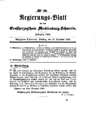 Regierungsblatt für Mecklenburg-Schwerin (Großherzoglich-Mecklenburg-Schwerinsches officielles Wochenblatt) Dienstag 15. Dezember 1863