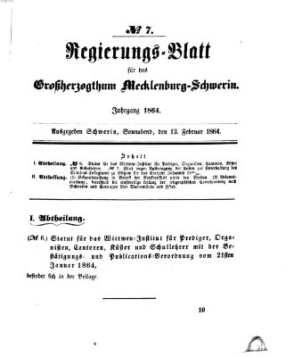 Regierungsblatt für Mecklenburg-Schwerin (Großherzoglich-Mecklenburg-Schwerinsches officielles Wochenblatt) Samstag 13. Februar 1864