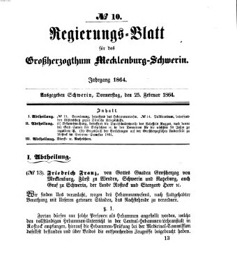 Regierungsblatt für Mecklenburg-Schwerin (Großherzoglich-Mecklenburg-Schwerinsches officielles Wochenblatt) Donnerstag 25. Februar 1864