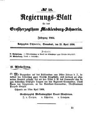 Regierungsblatt für Mecklenburg-Schwerin (Großherzoglich-Mecklenburg-Schwerinsches officielles Wochenblatt) Samstag 23. April 1864