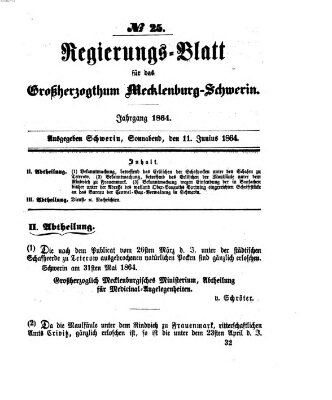 Regierungsblatt für Mecklenburg-Schwerin (Großherzoglich-Mecklenburg-Schwerinsches officielles Wochenblatt) Samstag 11. Juni 1864