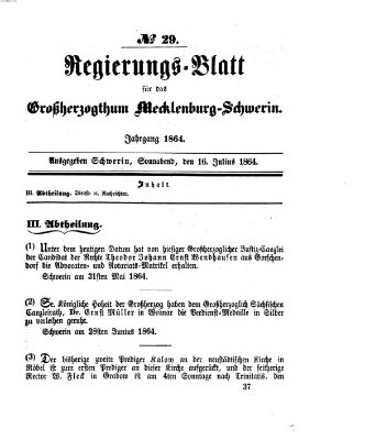 Regierungsblatt für Mecklenburg-Schwerin (Großherzoglich-Mecklenburg-Schwerinsches officielles Wochenblatt) Samstag 16. Juli 1864