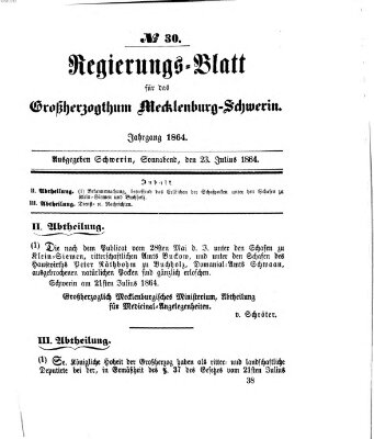 Regierungsblatt für Mecklenburg-Schwerin (Großherzoglich-Mecklenburg-Schwerinsches officielles Wochenblatt) Samstag 23. Juli 1864