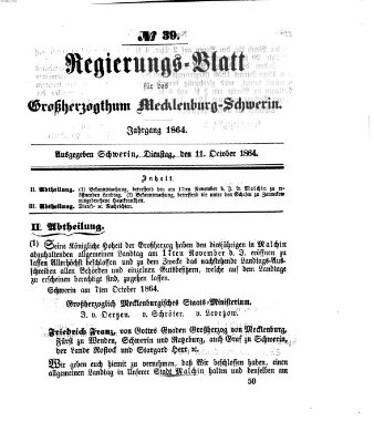 Regierungsblatt für Mecklenburg-Schwerin (Großherzoglich-Mecklenburg-Schwerinsches officielles Wochenblatt) Dienstag 11. Oktober 1864