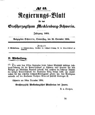 Regierungsblatt für Mecklenburg-Schwerin (Großherzoglich-Mecklenburg-Schwerinsches officielles Wochenblatt) Donnerstag 29. Dezember 1864