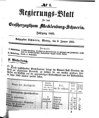 Regierungsblatt für Mecklenburg-Schwerin (Großherzoglich-Mecklenburg-Schwerinsches officielles Wochenblatt) Montag 9. Januar 1865