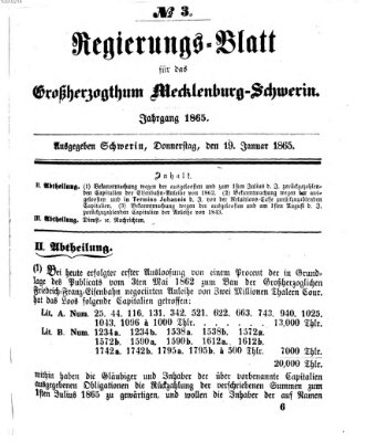 Regierungsblatt für Mecklenburg-Schwerin (Großherzoglich-Mecklenburg-Schwerinsches officielles Wochenblatt) Donnerstag 19. Januar 1865