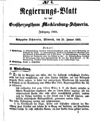 Regierungsblatt für Mecklenburg-Schwerin (Großherzoglich-Mecklenburg-Schwerinsches officielles Wochenblatt) Mittwoch 25. Januar 1865