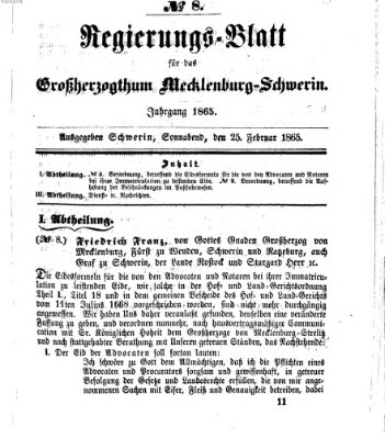 Regierungsblatt für Mecklenburg-Schwerin (Großherzoglich-Mecklenburg-Schwerinsches officielles Wochenblatt) Samstag 25. Februar 1865