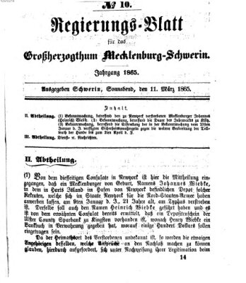 Regierungsblatt für Mecklenburg-Schwerin (Großherzoglich-Mecklenburg-Schwerinsches officielles Wochenblatt) Samstag 11. März 1865