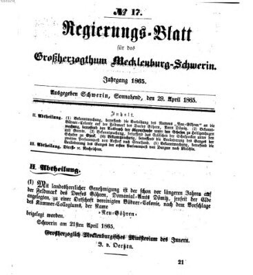 Regierungsblatt für Mecklenburg-Schwerin (Großherzoglich-Mecklenburg-Schwerinsches officielles Wochenblatt) Samstag 29. April 1865