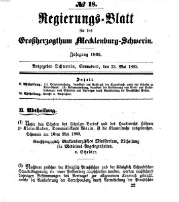 Regierungsblatt für Mecklenburg-Schwerin (Großherzoglich-Mecklenburg-Schwerinsches officielles Wochenblatt) Samstag 13. Mai 1865