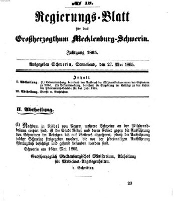 Regierungsblatt für Mecklenburg-Schwerin (Großherzoglich-Mecklenburg-Schwerinsches officielles Wochenblatt) Samstag 27. Mai 1865