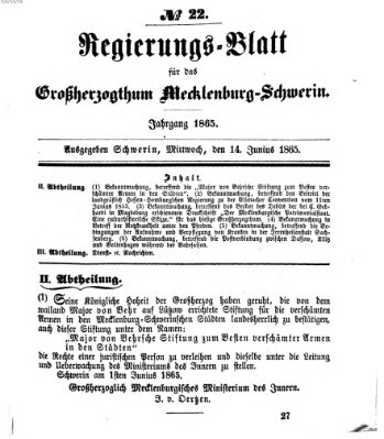 Regierungsblatt für Mecklenburg-Schwerin (Großherzoglich-Mecklenburg-Schwerinsches officielles Wochenblatt) Mittwoch 14. Juni 1865