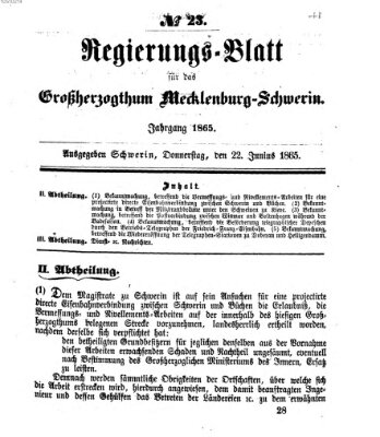 Regierungsblatt für Mecklenburg-Schwerin (Großherzoglich-Mecklenburg-Schwerinsches officielles Wochenblatt) Donnerstag 22. Juni 1865