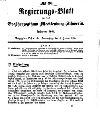 Regierungsblatt für Mecklenburg-Schwerin (Großherzoglich-Mecklenburg-Schwerinsches officielles Wochenblatt) Donnerstag 6. Juli 1865