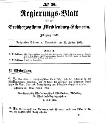 Regierungsblatt für Mecklenburg-Schwerin (Großherzoglich-Mecklenburg-Schwerinsches officielles Wochenblatt) Samstag 22. Juli 1865