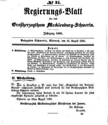 Regierungsblatt für Mecklenburg-Schwerin (Großherzoglich-Mecklenburg-Schwerinsches officielles Wochenblatt) Mittwoch 16. August 1865