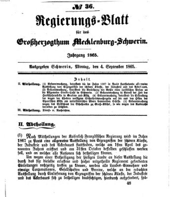 Regierungsblatt für Mecklenburg-Schwerin (Großherzoglich-Mecklenburg-Schwerinsches officielles Wochenblatt) Montag 4. September 1865