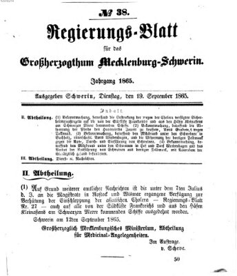 Regierungsblatt für Mecklenburg-Schwerin (Großherzoglich-Mecklenburg-Schwerinsches officielles Wochenblatt) Dienstag 19. September 1865