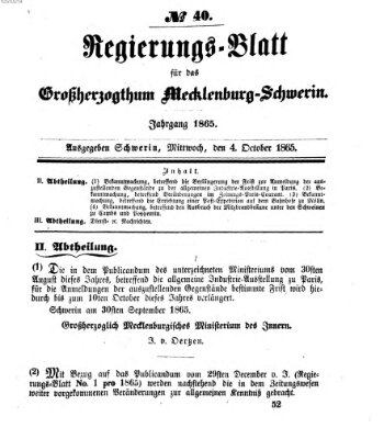 Regierungsblatt für Mecklenburg-Schwerin (Großherzoglich-Mecklenburg-Schwerinsches officielles Wochenblatt) Mittwoch 4. Oktober 1865