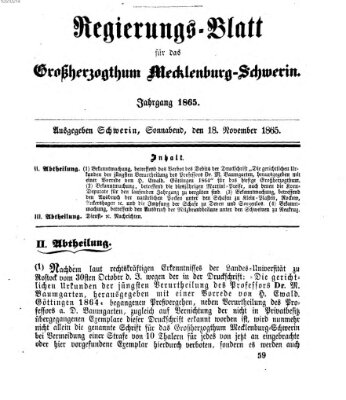 Regierungsblatt für Mecklenburg-Schwerin (Großherzoglich-Mecklenburg-Schwerinsches officielles Wochenblatt) Samstag 18. November 1865