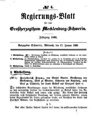 Regierungsblatt für Mecklenburg-Schwerin (Großherzoglich-Mecklenburg-Schwerinsches officielles Wochenblatt) Mittwoch 17. Januar 1866