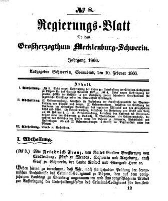 Regierungsblatt für Mecklenburg-Schwerin (Großherzoglich-Mecklenburg-Schwerinsches officielles Wochenblatt) Samstag 10. Februar 1866