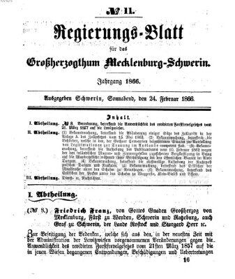 Regierungsblatt für Mecklenburg-Schwerin (Großherzoglich-Mecklenburg-Schwerinsches officielles Wochenblatt) Samstag 24. Februar 1866