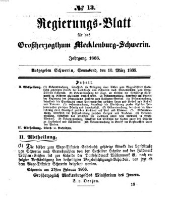 Regierungsblatt für Mecklenburg-Schwerin (Großherzoglich-Mecklenburg-Schwerinsches officielles Wochenblatt) Samstag 10. März 1866