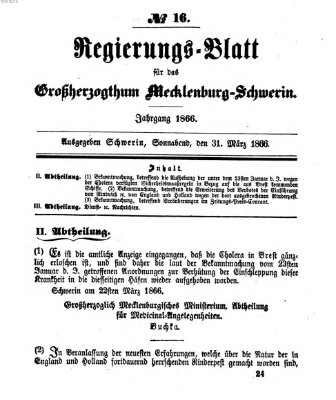 Regierungsblatt für Mecklenburg-Schwerin (Großherzoglich-Mecklenburg-Schwerinsches officielles Wochenblatt) Samstag 31. März 1866