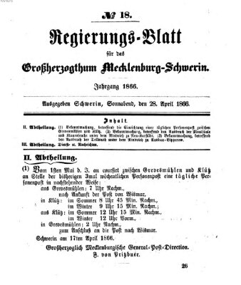 Regierungsblatt für Mecklenburg-Schwerin (Großherzoglich-Mecklenburg-Schwerinsches officielles Wochenblatt) Samstag 28. April 1866