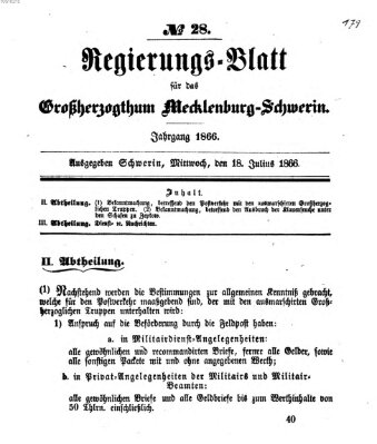 Regierungsblatt für Mecklenburg-Schwerin (Großherzoglich-Mecklenburg-Schwerinsches officielles Wochenblatt) Mittwoch 18. Juli 1866