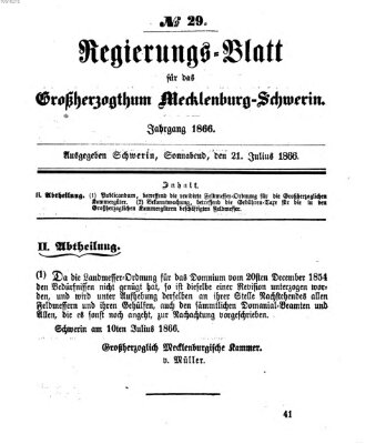 Regierungsblatt für Mecklenburg-Schwerin (Großherzoglich-Mecklenburg-Schwerinsches officielles Wochenblatt) Samstag 21. Juli 1866