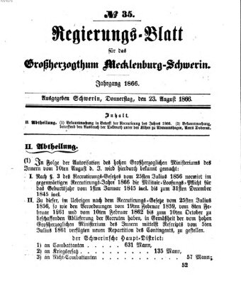 Regierungsblatt für Mecklenburg-Schwerin (Großherzoglich-Mecklenburg-Schwerinsches officielles Wochenblatt) Donnerstag 23. August 1866