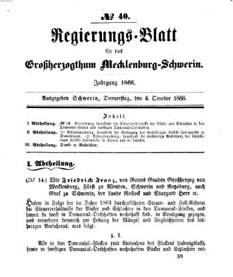 Regierungsblatt für Mecklenburg-Schwerin (Großherzoglich-Mecklenburg-Schwerinsches officielles Wochenblatt) Donnerstag 4. Oktober 1866