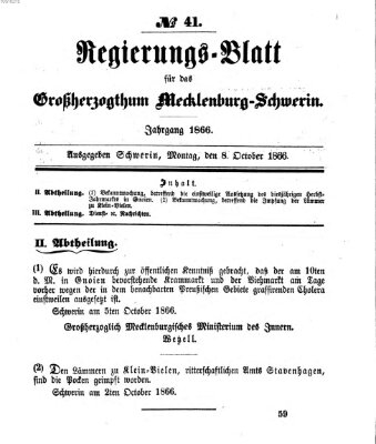 Regierungsblatt für Mecklenburg-Schwerin (Großherzoglich-Mecklenburg-Schwerinsches officielles Wochenblatt) Montag 8. Oktober 1866