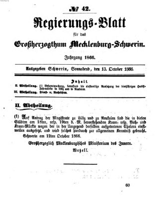 Regierungsblatt für Mecklenburg-Schwerin (Großherzoglich-Mecklenburg-Schwerinsches officielles Wochenblatt) Samstag 13. Oktober 1866