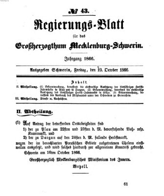 Regierungsblatt für Mecklenburg-Schwerin (Großherzoglich-Mecklenburg-Schwerinsches officielles Wochenblatt) Freitag 19. Oktober 1866