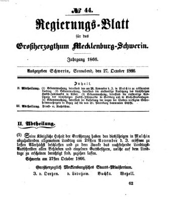 Regierungsblatt für Mecklenburg-Schwerin (Großherzoglich-Mecklenburg-Schwerinsches officielles Wochenblatt) Samstag 27. Oktober 1866